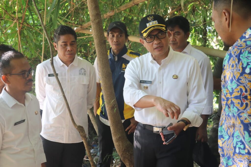 Pj Bupati Cirebon Wahyu Mijaya saat tinjau sungai di Desa Pangarengan, Pangenan. Foto: Dok. Pemkab Cirebon.